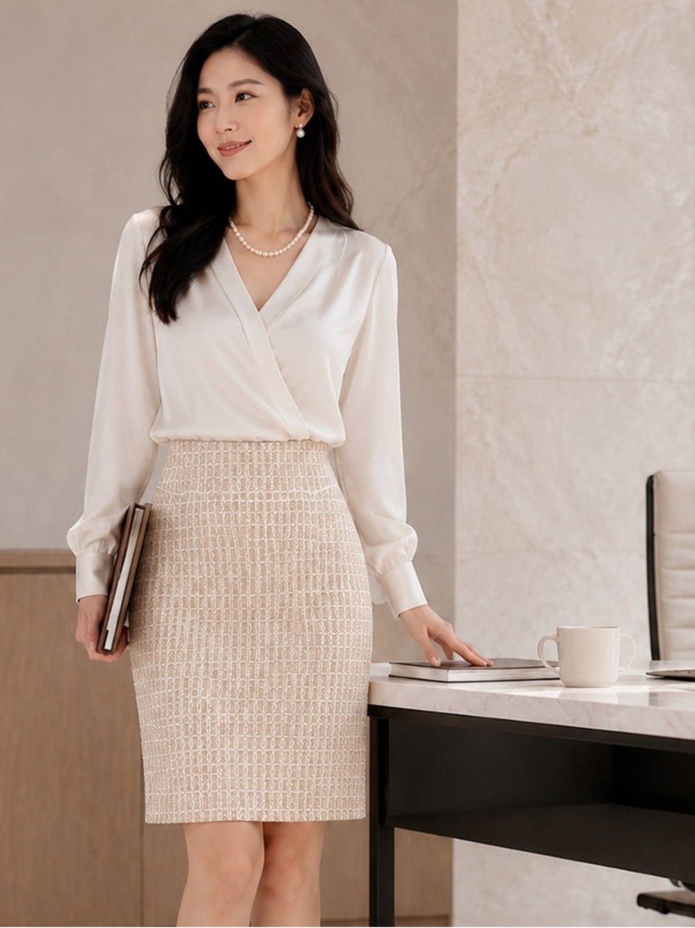 Banana Republic Silk Pencil Skirt Size 0 Neutral Beige Geometric Career Office